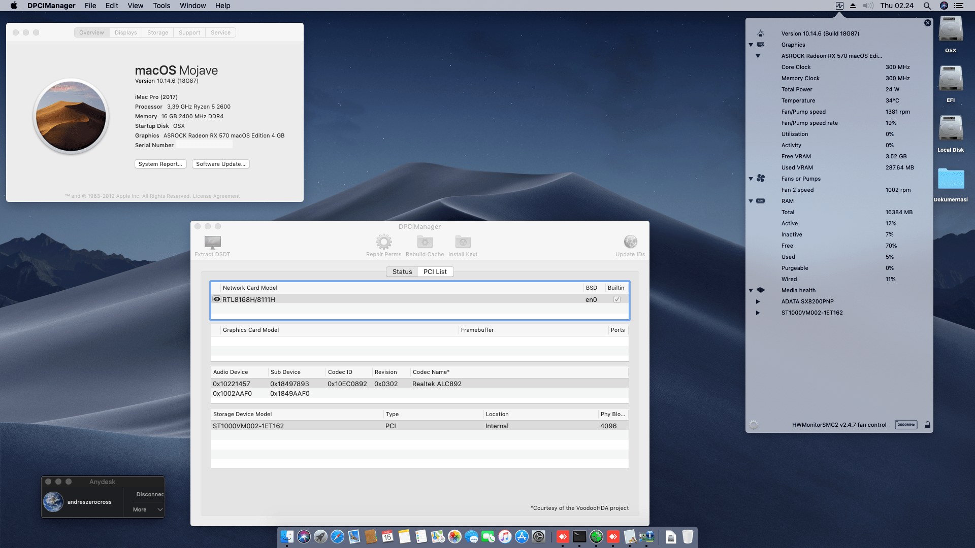 Success Hackintosh macOS Mojave 10.14.6 Build 18G87 at Asrock B450 Steel Legend + AMD Ryzen 5 2600 + Asrock RX 570